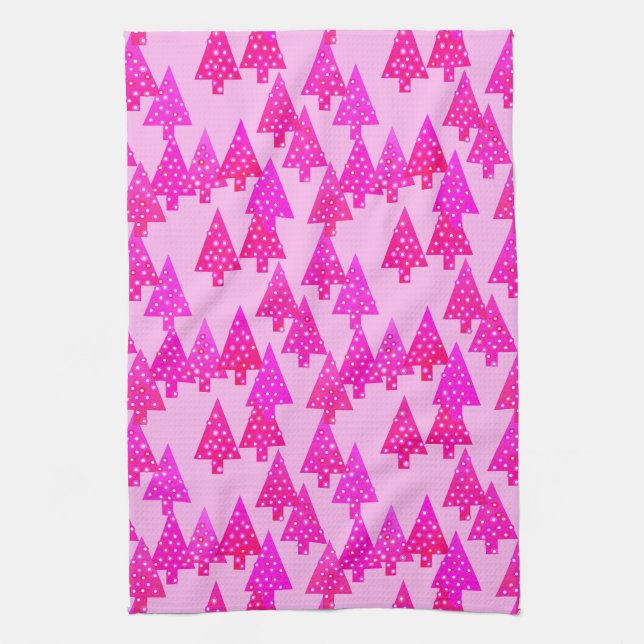Moderne Blume Weihnachtsbäume - Fuchsienrosa Geschirrtuch (Vertikal)
