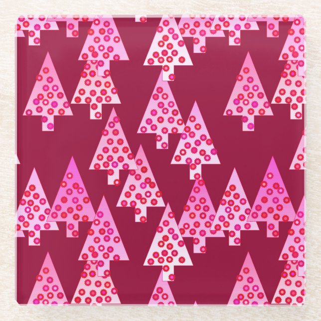 Moderne Blume Weihnachtsbäume - Wein & Rosa Glasuntersetzer (Vorderseite)