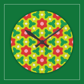Moderne Blume zu grün und rot geometrisch gegliede Runde Wanduhr