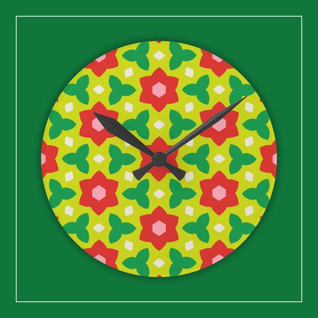 Moderne Blume zu grün und rot geometrisch gegliede Runde Wanduhr (Von Creator hochgeladen)