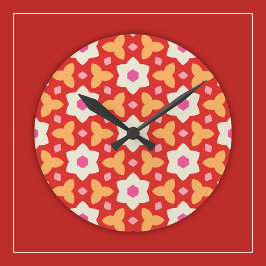 Moderne Blume zu roten und pfirsichfarbenen geomet Runde Wanduhr