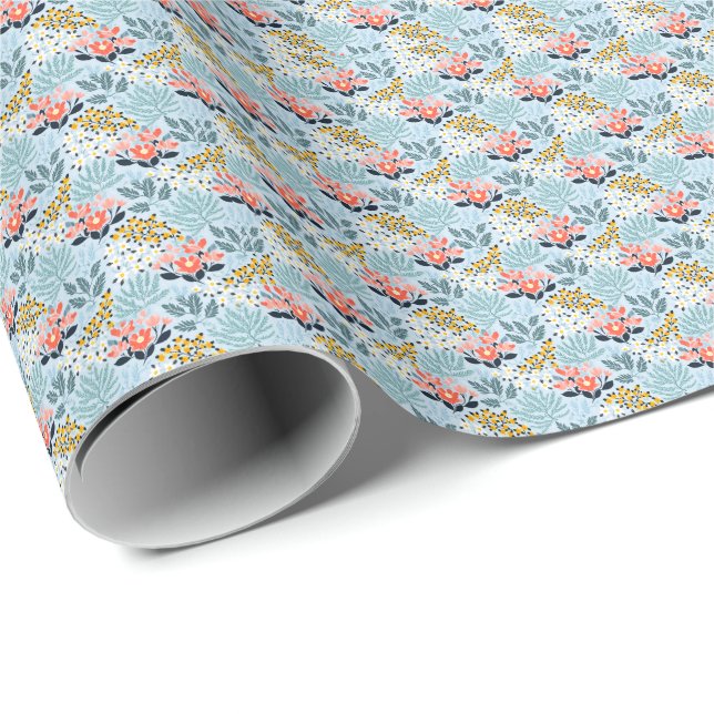 Moderne Blumen auf Blau Geschenkpapier (Rolleneckpunkt)