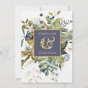 Moderne Blumen Blue & Green w Ampersand Hochzeit Einladung