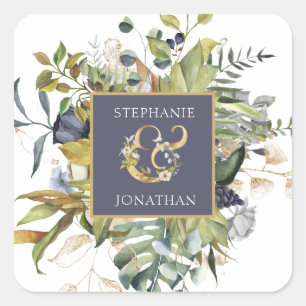 Moderne Blumen  Blue & Green w Ampersand Hochzeit Quadratischer Aufkleber