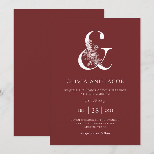 Moderne Blumen | Burgundy Ampersand Wedding Einladung (Vorne/Hinten)