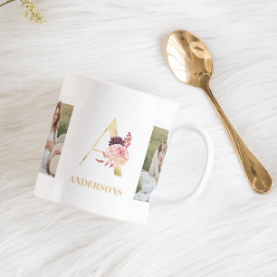 Moderne Blumen Gold Buchstabe A Zwei-Foto-Monogr Kaffeetasse