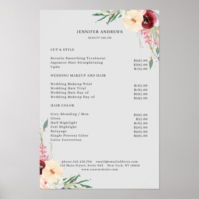 Moderne Blumen Preisliste Poster (Vorne)