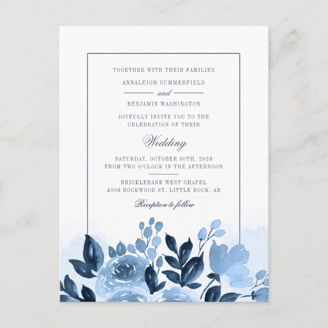 Moderne Blumenblauer Wasserfarben Blume Hochzeit Einladungspostkarte (Vorderseite)