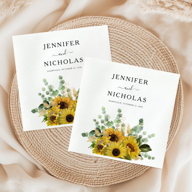 Moderne Blumenblume Hochzeit von Napkins Serviette (Elegant Floral Sunflower Eucalyptus Wedding Napkins)