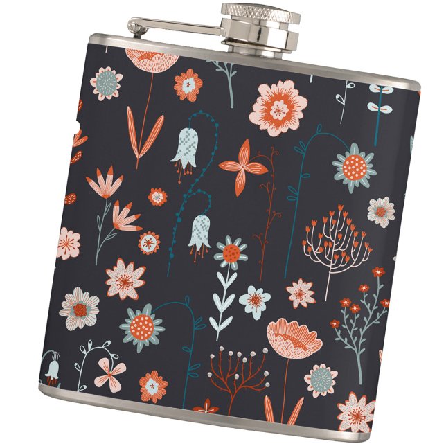 Moderne Blumendarme Flachmann (Dark floral wildflower Scandinavian hip flask)