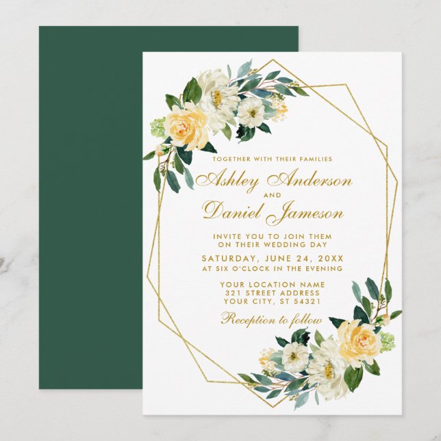 Moderne Blumengelb-grüne goldene Hochzeit Einladung (Vorne/Hinten)