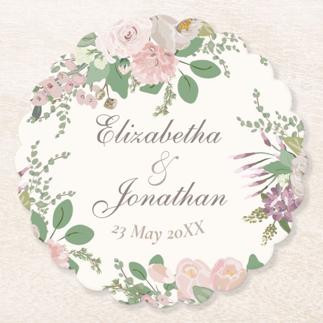 Moderne, blumengeschmückte Hochzeit personalisiert Untersetzer (Vorderseite)