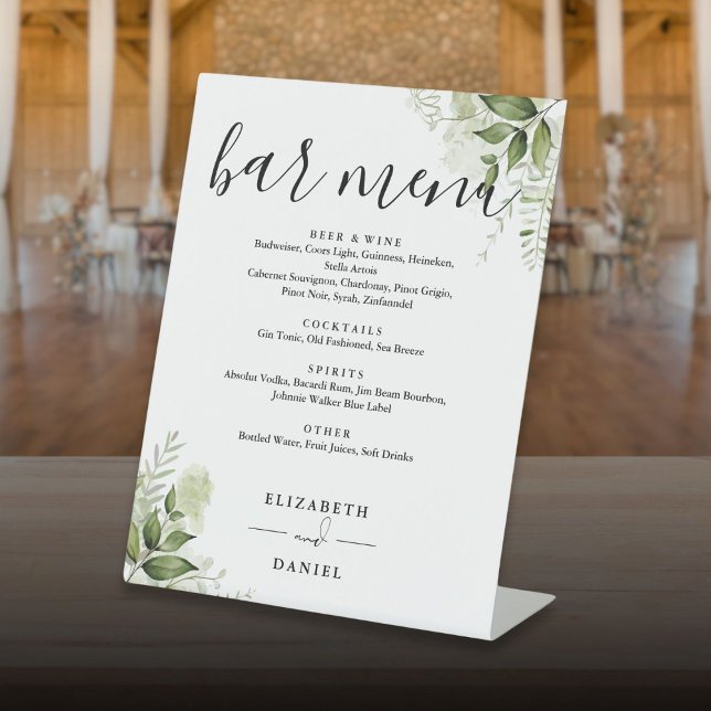 Moderne Blumengrün-Menü Hochzeitstag-Bar Sockelschild (Modern Floral Greenery Wedding Bar Menu Pedestal Sign)