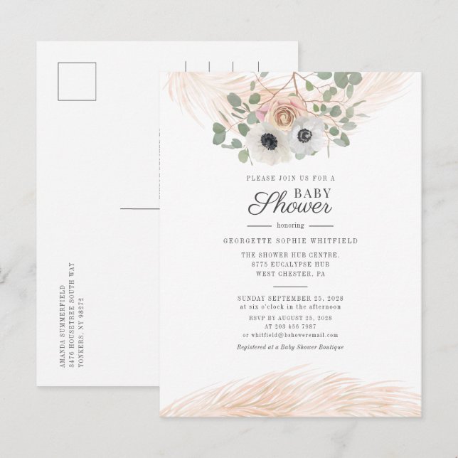 Moderne Blumengrün Pampas Grass Babydusche Einladungspostkarte (Vorne/Hinten)