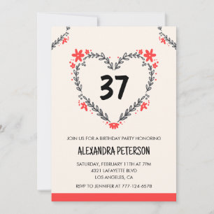 Moderne Blumenherzen für sie zum 37. Geburtstag fü Einladung