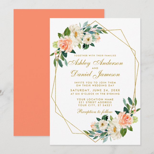 Moderne Blumenkoralle Gold Geometric Wedding Einladung (Vorne/Hinten)