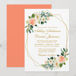 Moderne Blumenkoralle Gold Geometric Wedding Einladung