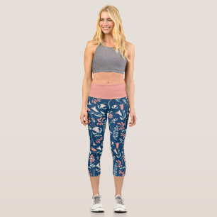 Moderne Blumenkoralle, Marine, Minze Grün Gemuster Capri Leggings