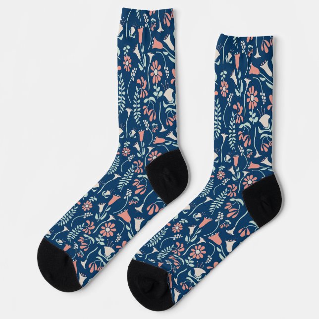 Moderne Blumenkoralle, Marine, Minze Grün Gemuster Socken (Linkes Detail)
