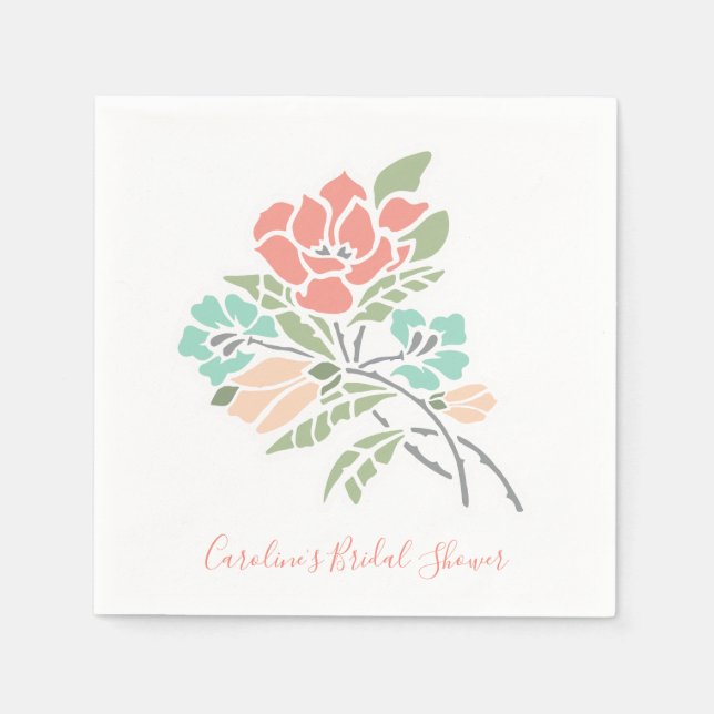 Moderne Blumenkoralle und Aquamarines Brautparty Serviette (Vorderseite)