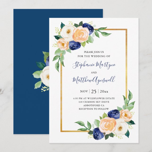 Moderne Blumenkorallenhochzeit Einladung (Vorne/Hinten)