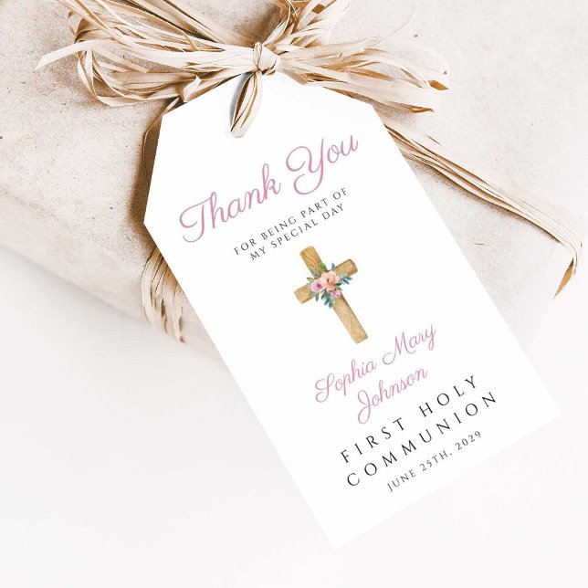 Moderne Blumenkreuz-Girl Erste Kommune Geschenkanhänger (Modern Floral Cross Girl First Communion Gift Tags)