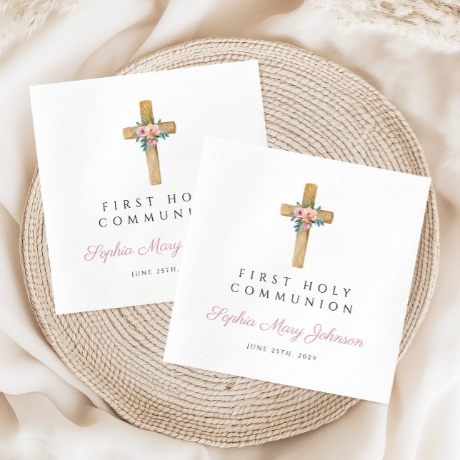 Moderne Blumenkreuz-Girl Erste Kommune Serviette (Modern Floral Cross Girl First Communion Napkins)