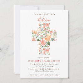 Moderne Blumenkreuz Religiöse Blush Peach Taufen Einladung