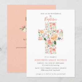 Moderne Blumenkreuz Religiöse Blush Peach Taufen Einladung