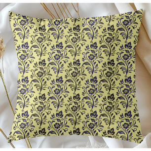 Moderne Blumenmuster Blau Schwarz auf Chartreuse Kissen