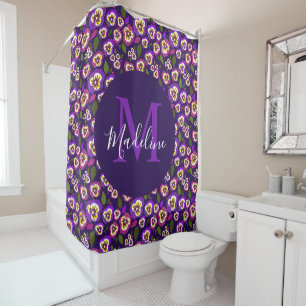 Moderne Blumenmuster-Muster Lila Monogramm Duschvorhang