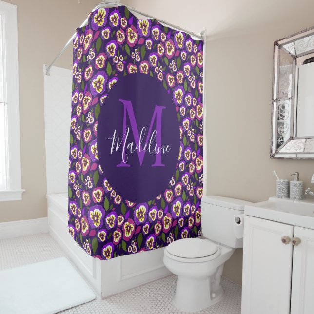 Moderne Blumenmuster-Muster Lila Monogramm Duschvorhang (Beispiel)