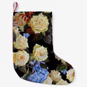 Moderne Blumenmuster, weiße Rosen, blaue Hortensie Kleiner Weihnachtsstrumpf
