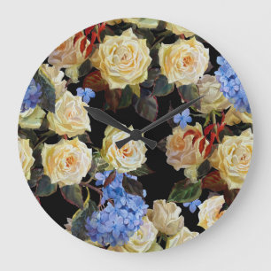 Moderne Blumenmuster, weiße Rosen, blaues Hydrange Große Wanduhr