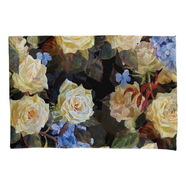 Moderne Blumenmuster, weiße Rosen, blaues Hydrange Kissenbezug (Vorderseite)