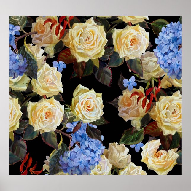 Moderne Blumenmuster, weiße Rosen, blaues Hydrange Poster (Vorne)