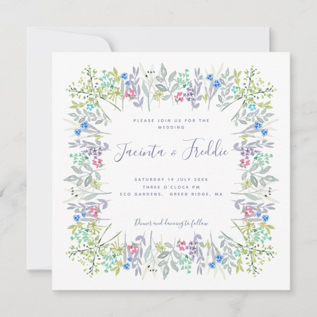 Moderne blumenreiche Hochzeit mit bohobolder Wasse Einladung (Vorderseite)