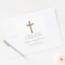Moderne Blumenrosa Cross Girl Erste Kommune Quadratischer Aufkleber
