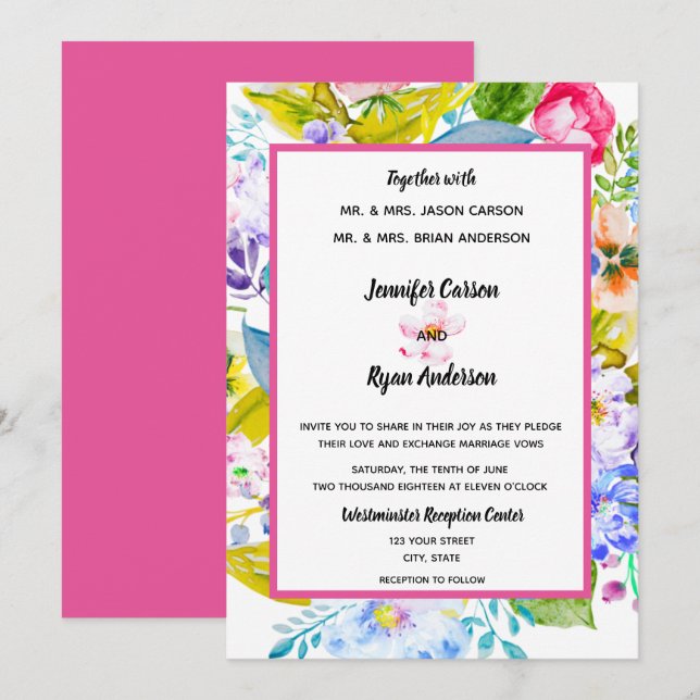 Moderne Blumenrosa Hochzeitseinladung Einladung (Vorne/Hinten)