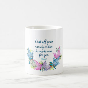 Moderne Blumenschrift 1 Peter 5:7 Kaffeetasse