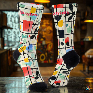 Moderne Blumensocken mit geometrischem Gitterdesig Socken
