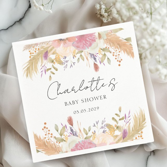 Moderne Blumenspül-Dusche Serviette (Elegant, modern, floral, pastel tones, baby shower napkin with your name and date.)