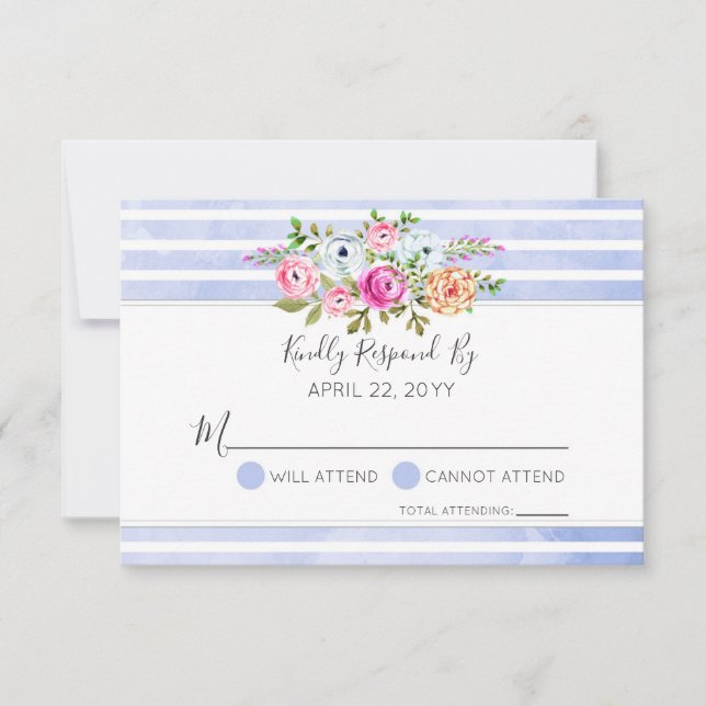 Moderne Blumenwatte Blue Stripe Wedding RSVP (Vorderseite)