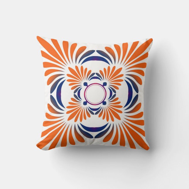 Moderne BlumenWurfs-Kissen: Blaue Orange Kissen (Vorderseite)