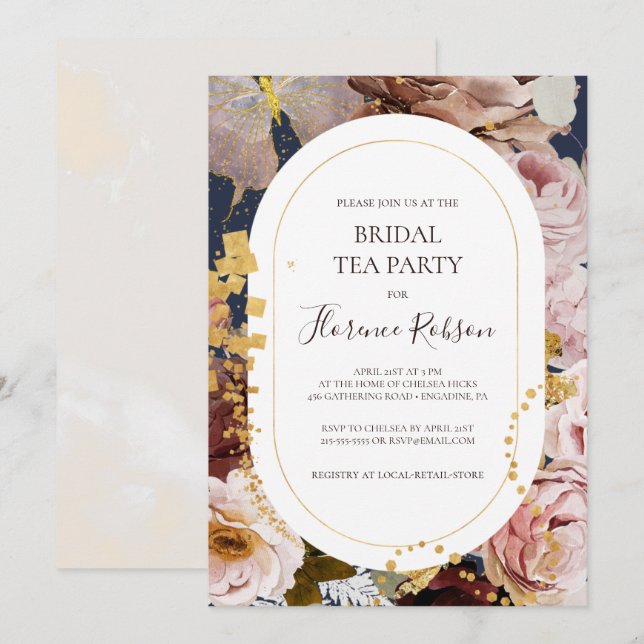 Moderne Blush Bloral | Bridal-Party der Marine Einladung (Vorne/Hinten)