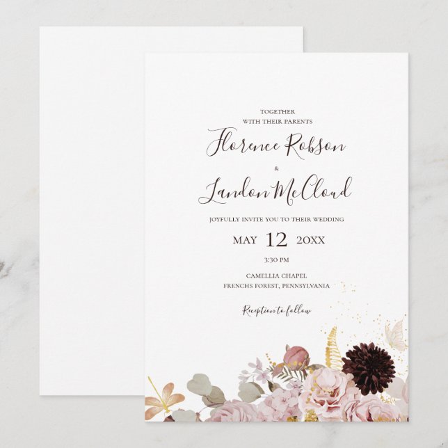Moderne Blush Bloral | Einfache Lässige Hochzeit Einladung (Vorne/Hinten)