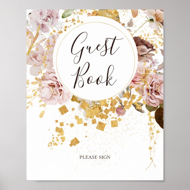 Moderne Blush Bloral | Gast Book Sign Poster (Vorne)