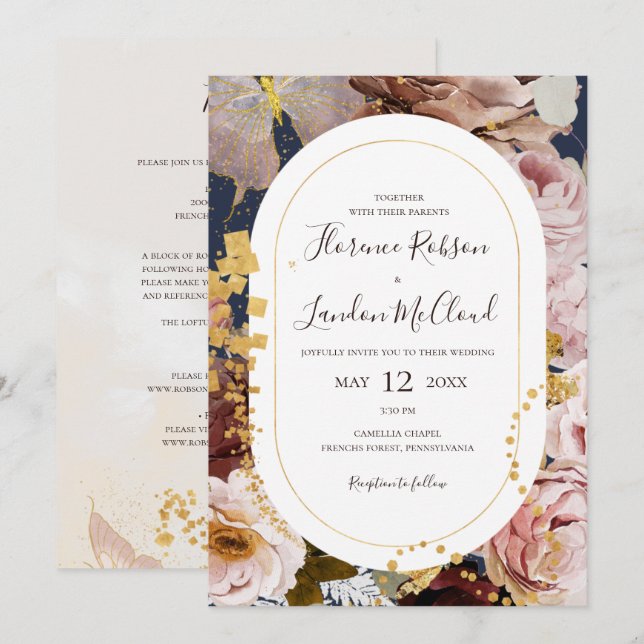Moderne Blush Bloral | Marine bei einer Hochzeit Einladung (Vorne/Hinten)