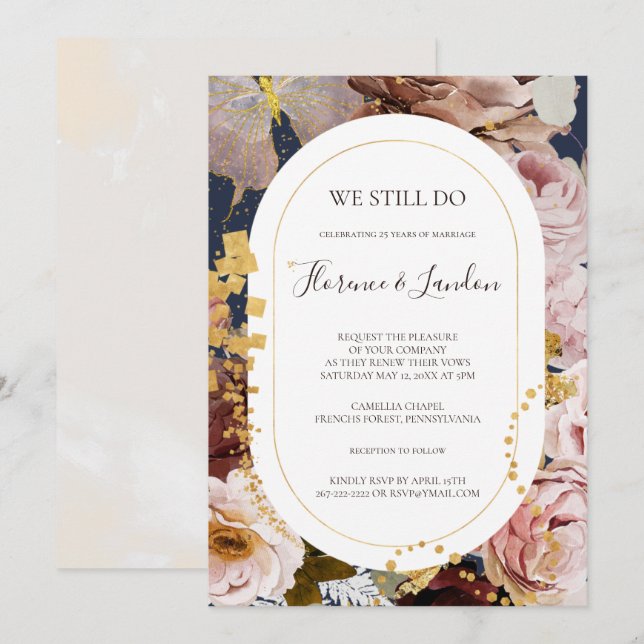 Moderne Blush Bloral | Marine wir noch immer Einladung (Vorne/Hinten)