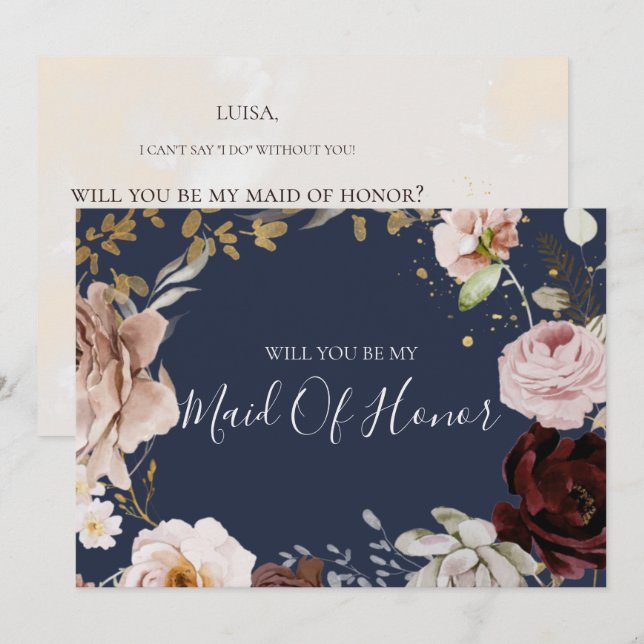 Moderne Blush Bloral | Navy Trauzeugin Card Einladung (Vorne/Hinten)